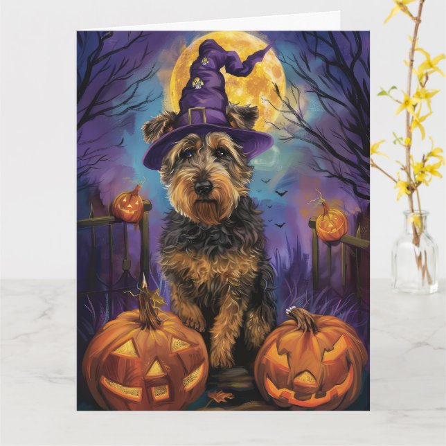 Spooky Airedale Halloween Witch och Pumpkin Kort (Gul blomma)