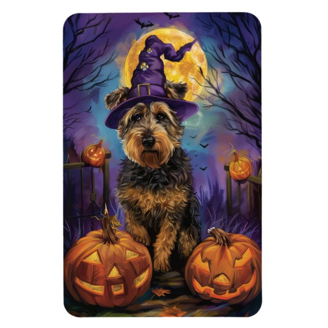 Spooky Airedale Halloween Witch och Pumpkin Magnet (Vertikal)