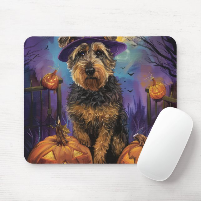 Spooky Airedale Halloween Witch och Pumpkin Musmatta (Med mus)