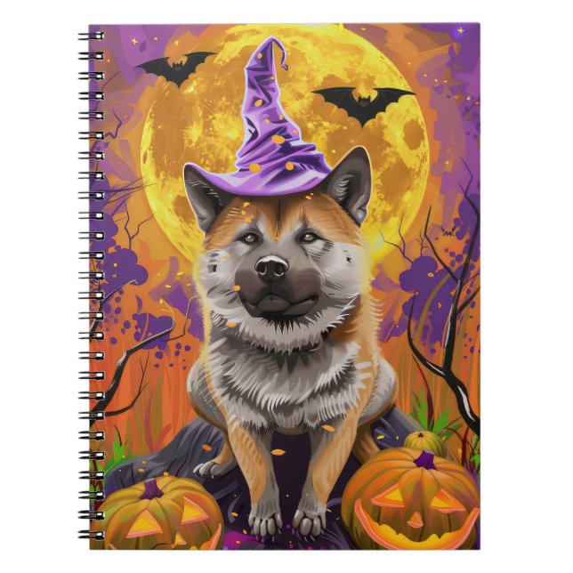 Spooky Akita Halloween Witch och Pumpkin Anteckningsbok (Framsidan)