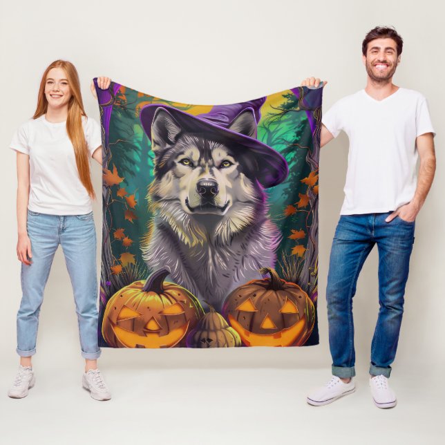 Spooky Alaska Malamute legween Witch och Pumpkin Fleecefilt (På plats)