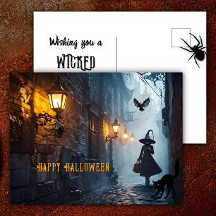 Spooky Alley Witch med Cat Wicked Halloween Helg Vykort