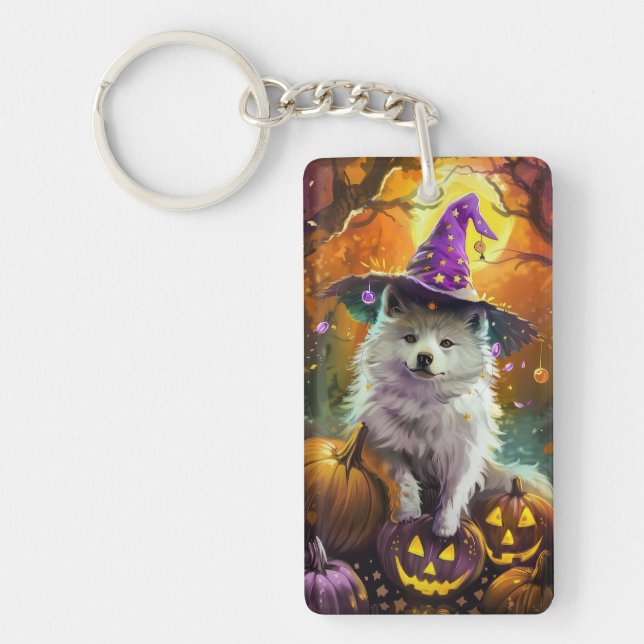 Spooky American Eskimo Halloween Witch och Pumpkin (Framsidan)