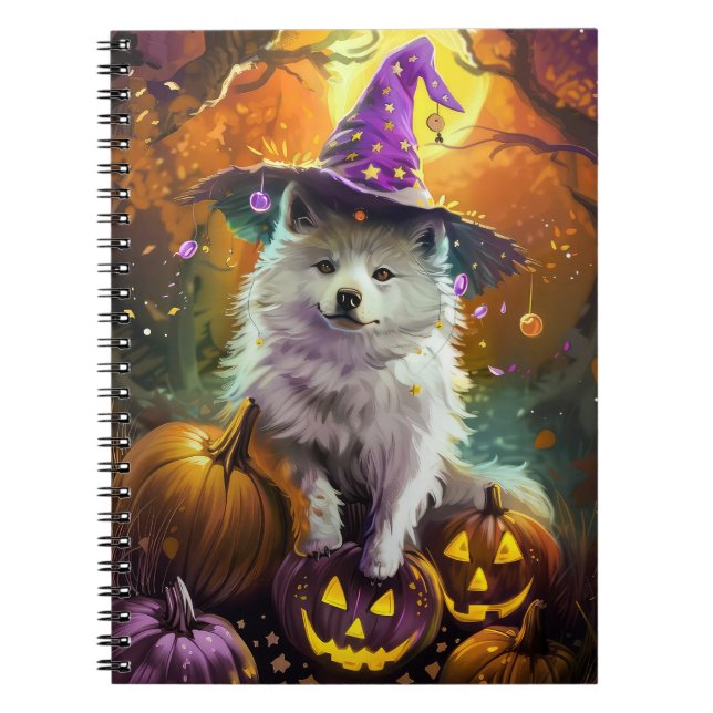 Spooky American Eskimo Halloween Witch och Pumpkin Anteckningsbok (Framsidan)
