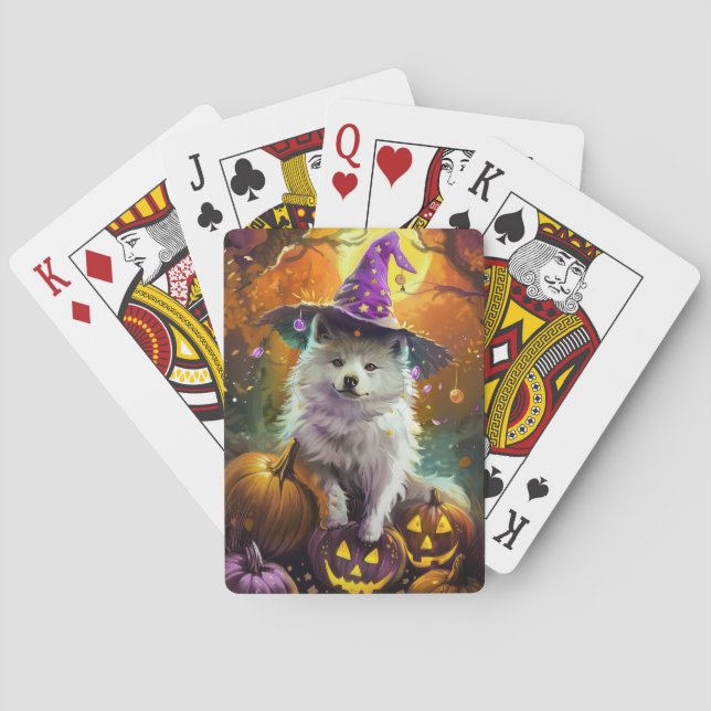 Spooky American Eskimo Halloween Witch och Pumpkin Casinokort (Baksidan)