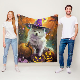 Spooky American Eskimo Halloween Witch och Pumpkin Fleecefilt
