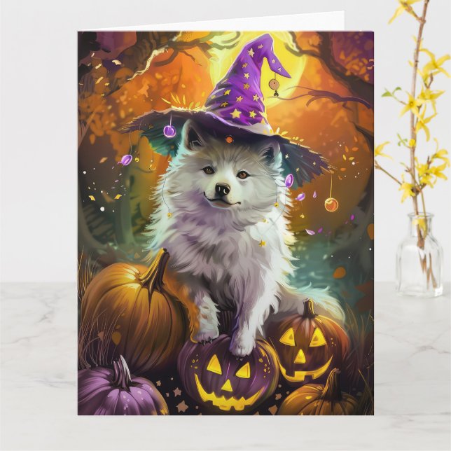 Spooky American Eskimo Halloween Witch och Pumpkin Kort (Gul blomma)