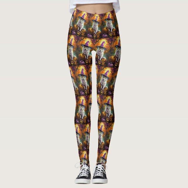 Spooky American Eskimo Halloween Witch och Pumpkin Leggings (Framsida)