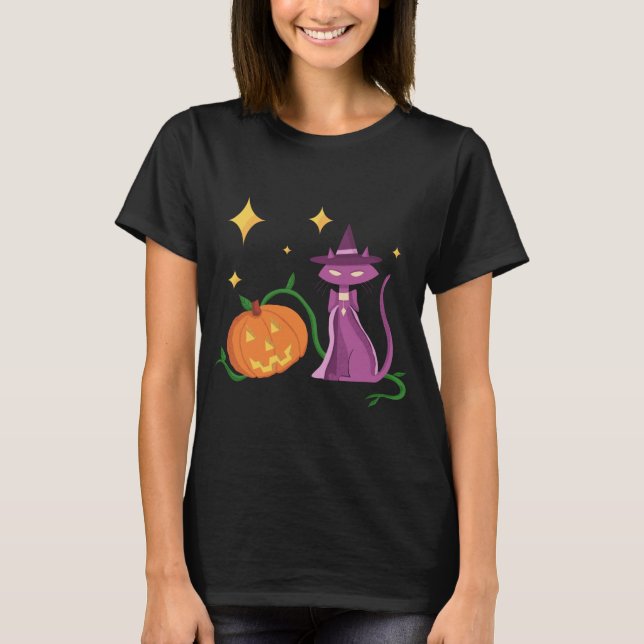 Spooky and Cute Halloween Witch Cat and Pumpkin T Shirt (Framsida)