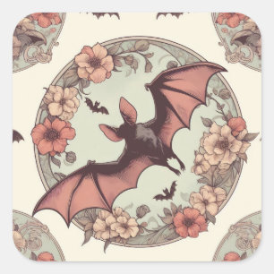 Spooky Art nouveau Fladdermus Illustration Söt Hor Fyrkantigt Klistermärke