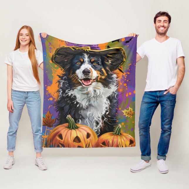 Spooky Australian shepherd Halloween Witch Pumpkin Fleecefilt (På plats)