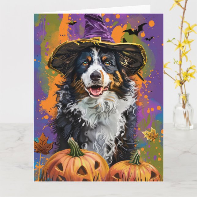 Spooky Australian shepherd Halloween Witch Pumpkin Kort (Gul blomma)
