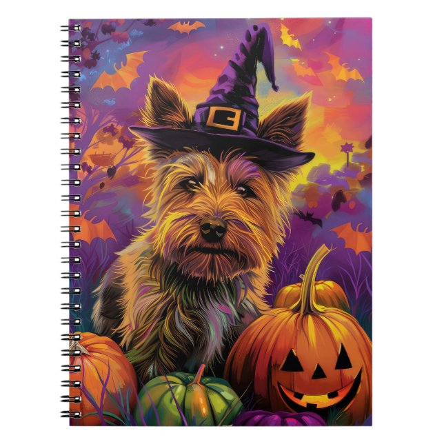 Spooky Australian Terrier Halloween Witch Pumpkin Anteckningsbok (Framsidan)