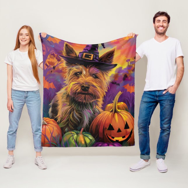 Spooky Australian Terrier Halloween Witch Pumpkin Fleecefilt (På plats)