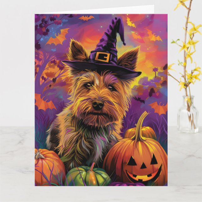 Spooky Australian Terrier Halloween Witch Pumpkin Kort (Gul blomma)