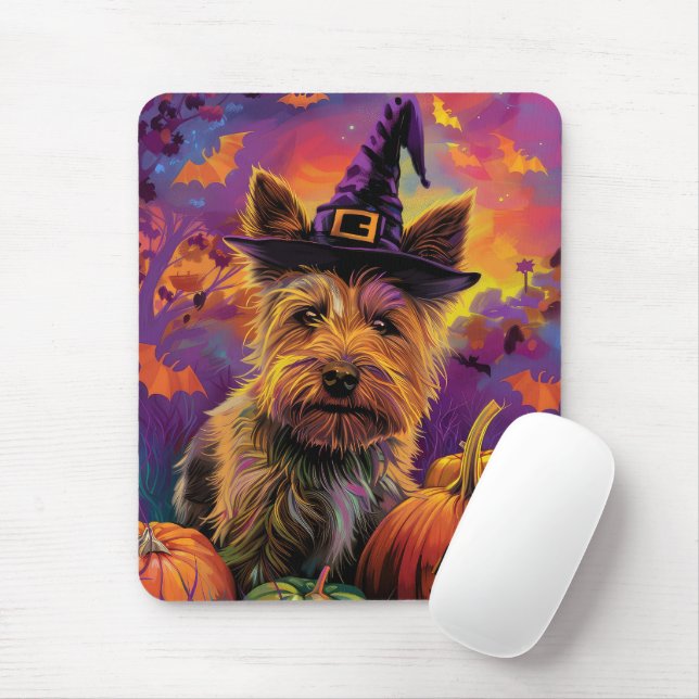 Spooky Australian Terrier Halloween Witch Pumpkin Musmatta (Med mus)