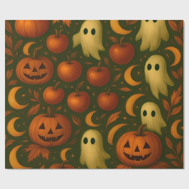 🎃 Spooky Autumn Wrapping Paper – Ghosts, Pumpkins Presentpapper (Platt)