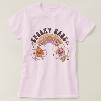Spooky Babe Flower Pumpkin Rainbow Retro Halloween T Shirt
