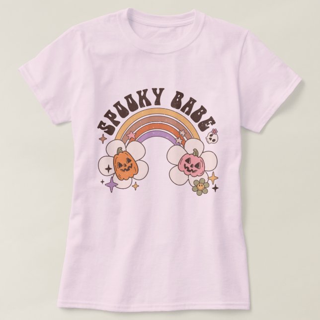 Spooky Babe Flower Pumpkin Rainbow Retro Halloween T Shirt (Design framsida)