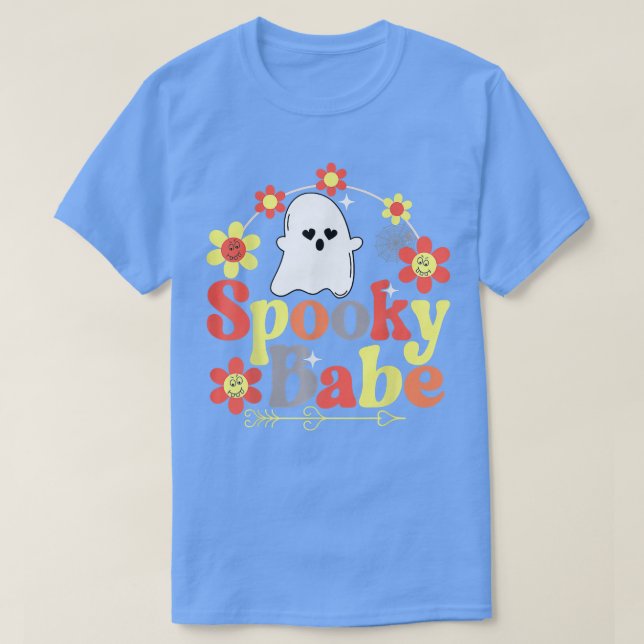 Spooky Babe Halloween Lycklig Ansikte Groovy Retro T Shirt (Design framsida)