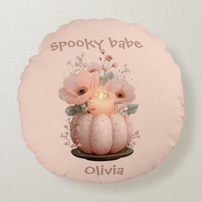 Spooky Babe Pumpkin för Girls Rund Kudde (Framsidan)