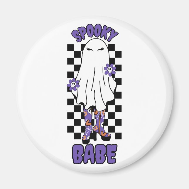 "Spooky Babe" Woman Halloween Ghost Retro Lila Magnet (Framsidan)