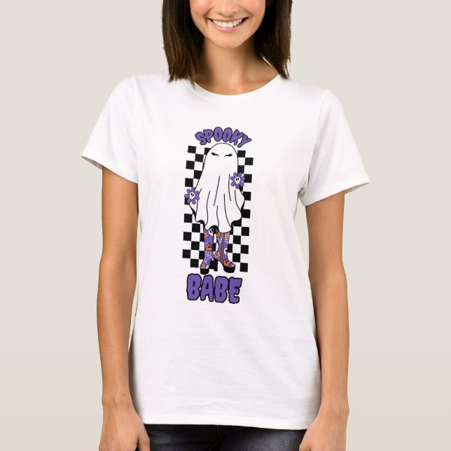 "Spooky Babe" Woman Halloween Ghost Retro Lila T Shirt (Framsida)