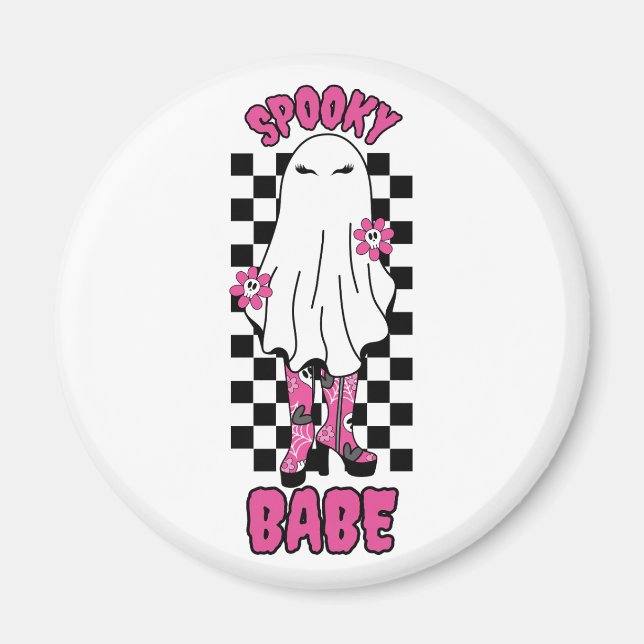 "Spooky Babe" Woman Halloween Ghost - Retro Rosa Magnet (Framsidan)