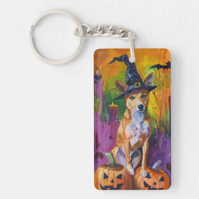 Spooky Basenji Halloween Witch och Pumpkin (Framsidan)