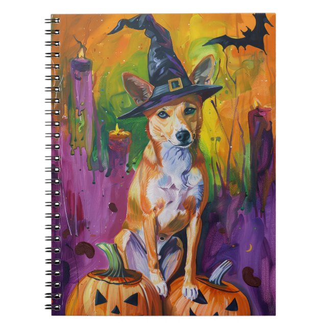 Spooky Basenji Halloween Witch och Pumpkin Anteckningsbok (Framsidan)