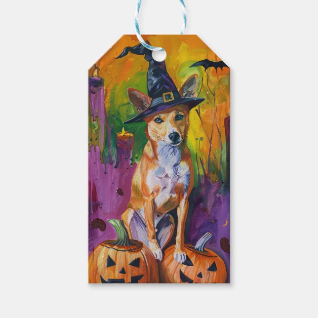 Spooky Basenji Halloween Witch och Pumpkin Presentetikett (Framsidan)