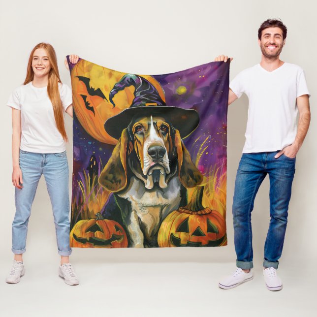 Spooky Basset Hound Halloween Witch och Pumpkin Fleecefilt (På plats)