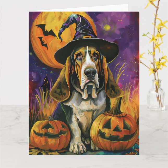 Spooky Basset Hound Halloween Witch och Pumpkin Kort (Gul blomma)
