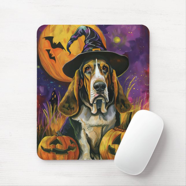 Spooky Basset Hound Halloween Witch och Pumpkin Musmatta (Med mus)