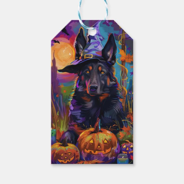 Spooky Belgium Shepherd Halloween Witch Pumpkin Presentetikett (Framsidan)