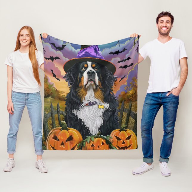 Spooky Bernese Mountain Halloween Witch Pumpkin Fleecefilt (På plats)