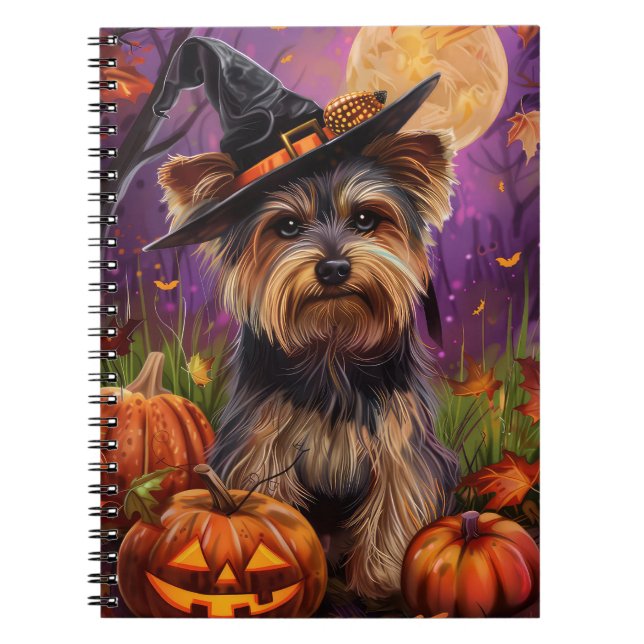 Spooky Biewer Terrier Halloween Witch och Pumpkin Anteckningsbok (Framsidan)