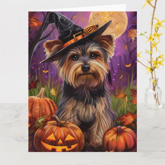 Spooky Biewer Terrier Halloween Witch och Pumpkin Kort (Gul blomma)