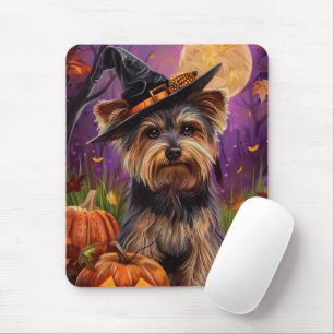 Spooky Biewer Terrier Halloween Witch och Pumpkin Musmatta