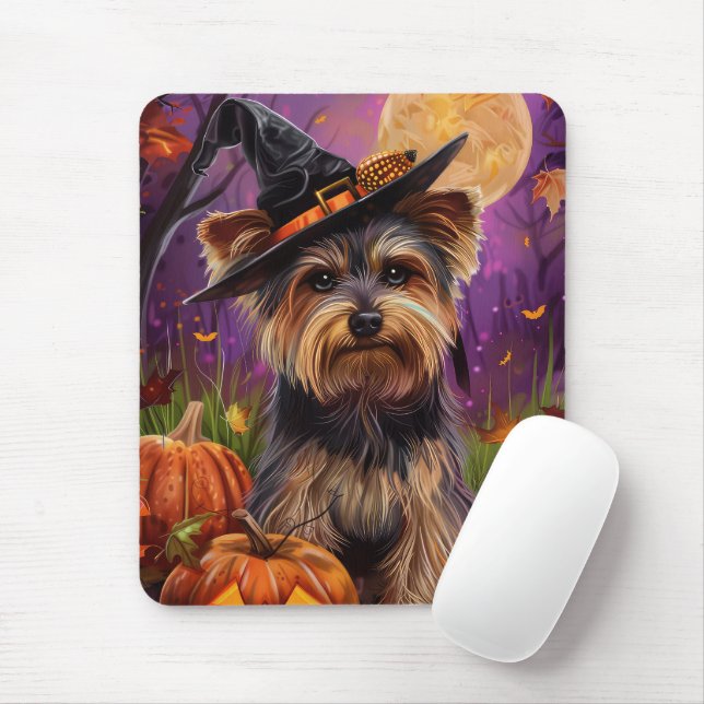 Spooky Biewer Terrier Halloween Witch och Pumpkin Musmatta (Med mus)