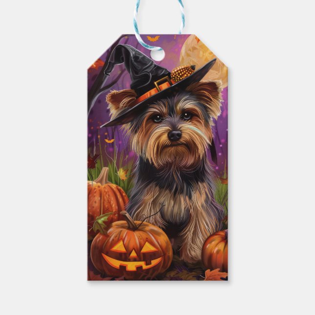 Spooky Biewer Terrier Halloween Witch och Pumpkin Presentetikett (Framsidan)
