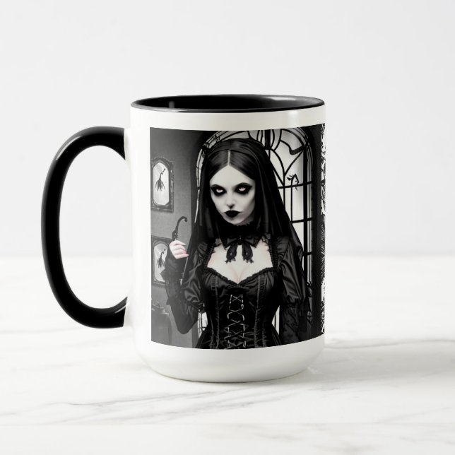 Spooky Black and White Gothic Girl Mugg (Vänster)