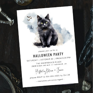 Spooky Black Cat   Cute Witchy Halloween fest Inbjudningar