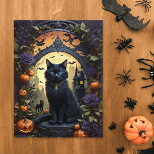 Spooky Black Cat Gothic Halloween Vykort