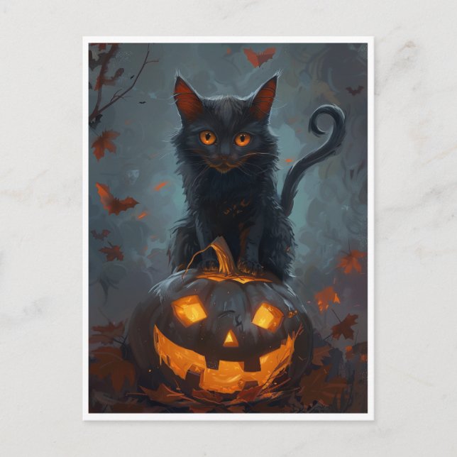 Spooky Black Cat Halloween Art Prints & Gifts Helg Vykort (Framsida)