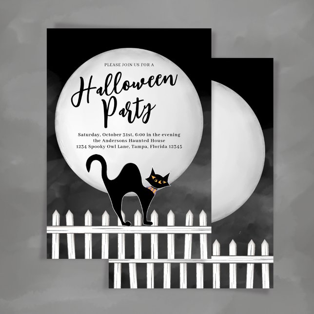 Spooky Black Cat Halloween Custom Party Inbjudningar (Spooky black cat Halloween Party Invitations.)