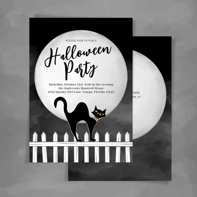 Spooky Black Cat Halloween fest Anpassningsbar Inbjudningar (Halloween party black cat custom party invitations.)