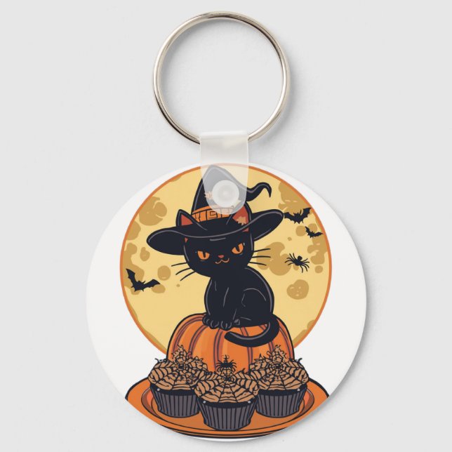Spooky Black Cat Halloween Keychain – Cute & Creep Nyckelring (Framsida)