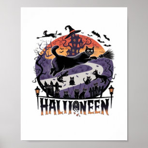 Spooky Black Cat Halloween Night - Vintage Haunted Poster