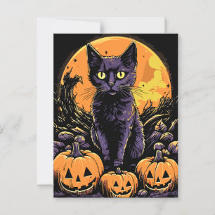 Spooky Black Cat Halloween Pumpkin Vykort